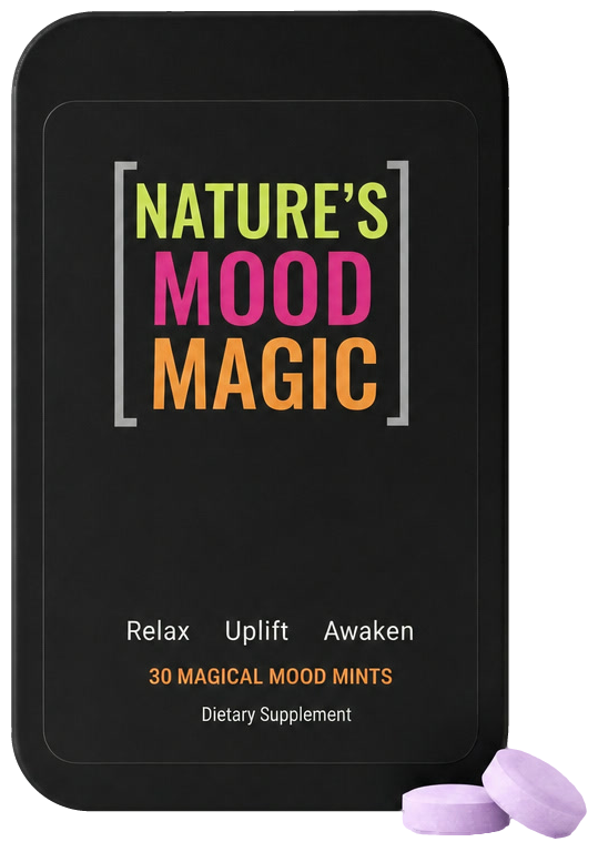 Mood Mints tin, front, with two loose lilac mints
