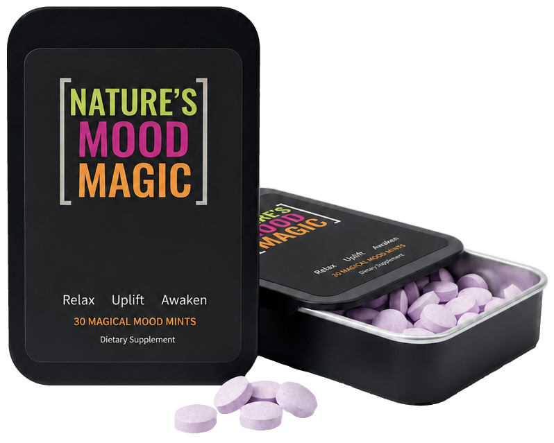 Two Mood Mints tins, one closed and one open, with loose lilac mints