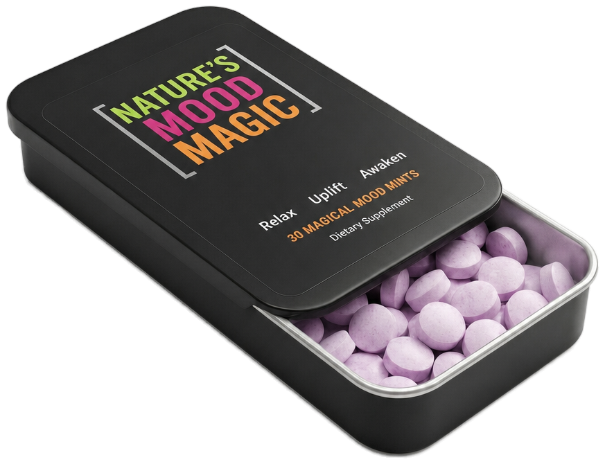 An open Mood Mints tin, full of lilac mints
